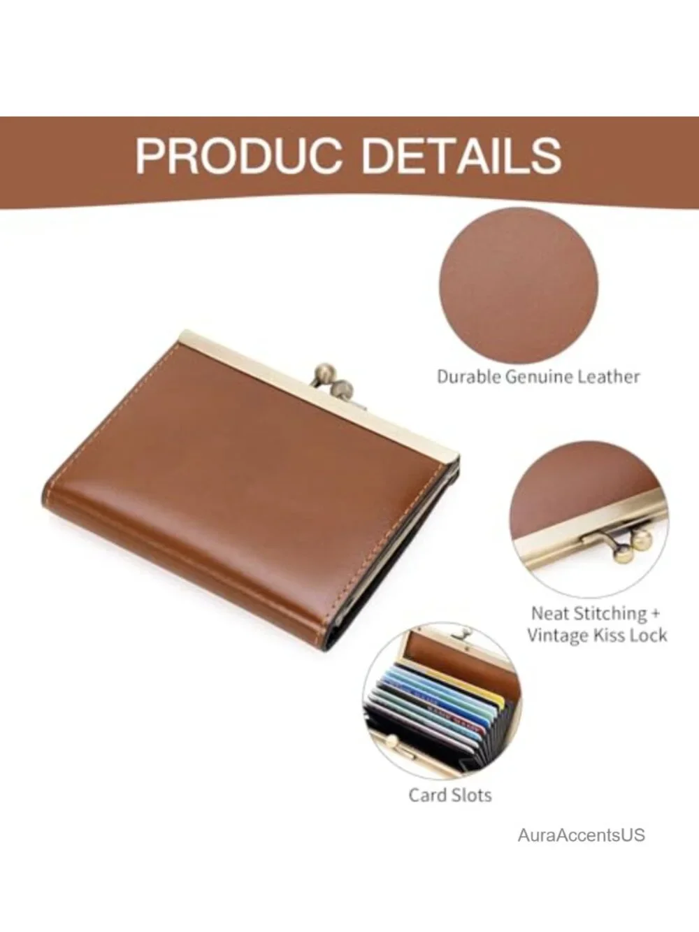Genuine Leather Vintage Kiss Lock Card Holder Wallet for Women Bifold Compact